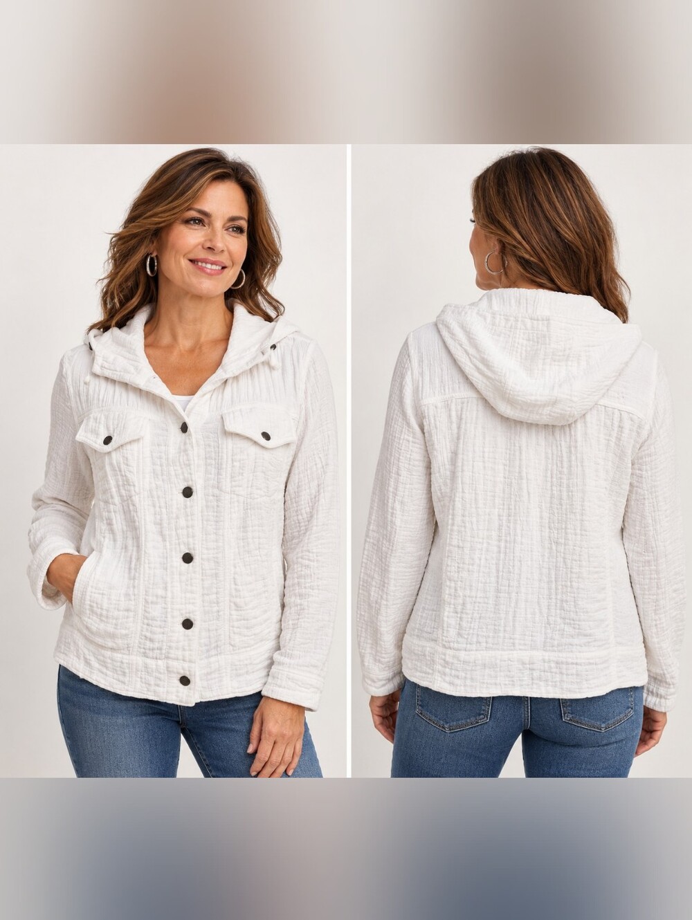 Chico's White Hooded Button-Front Quilted Jacket